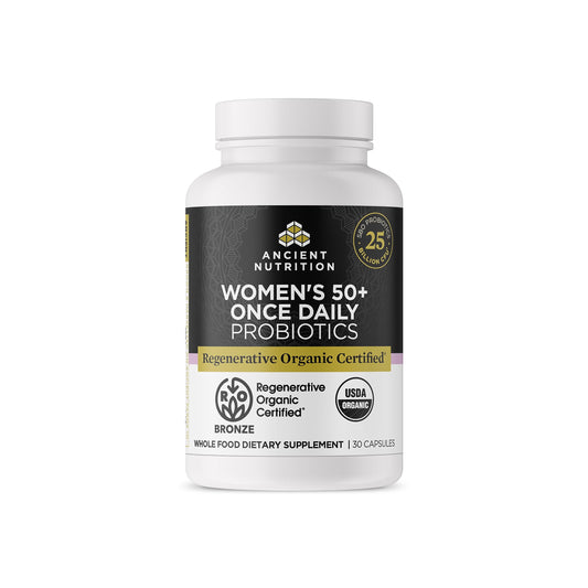 Ancient Nutrition Regenerative Organic Probiotics for Women 50+ bottle showing daily support potential
