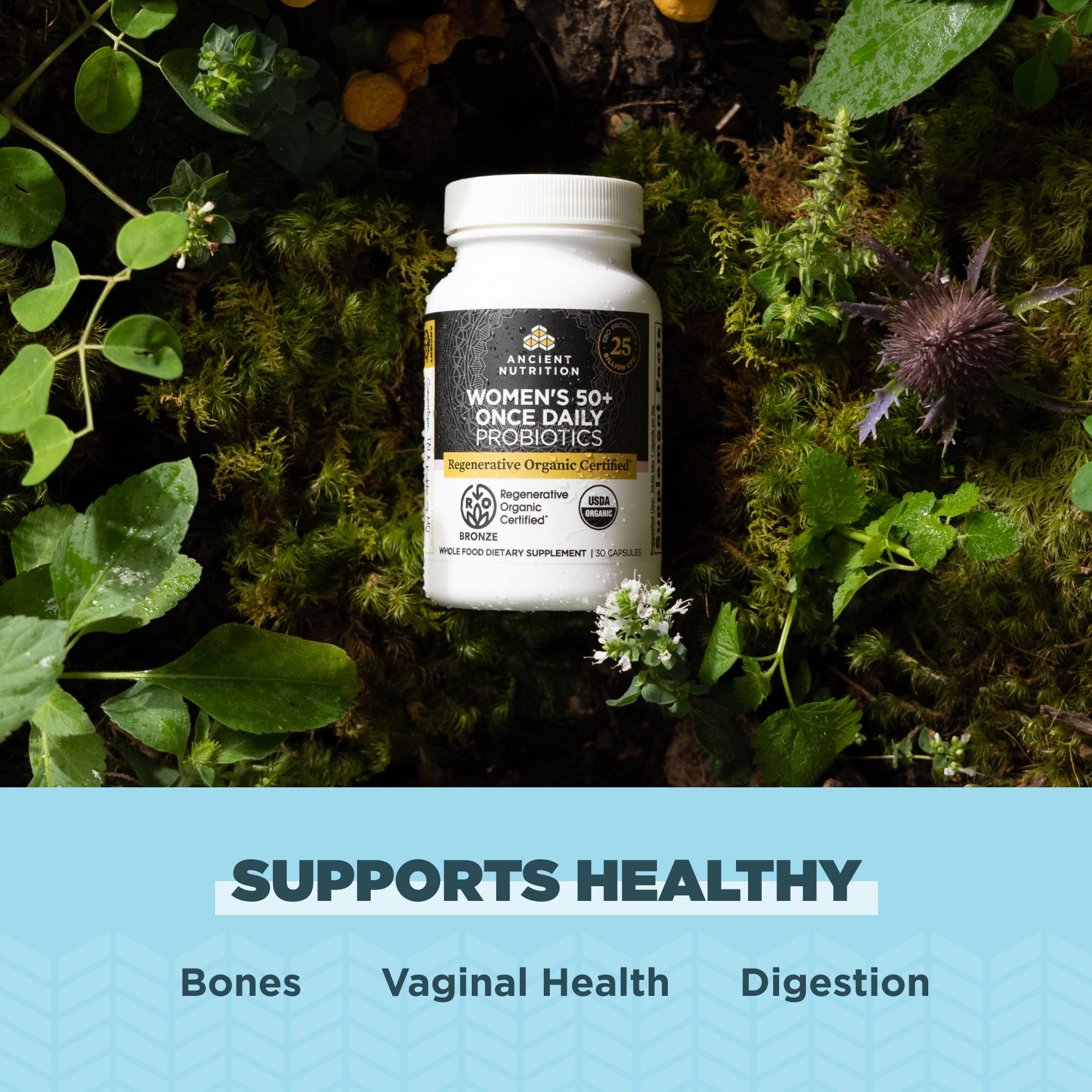 Ancient Nutrition Regenerative Organic Probiotics 50+ label highlights 25B CFUs per serving