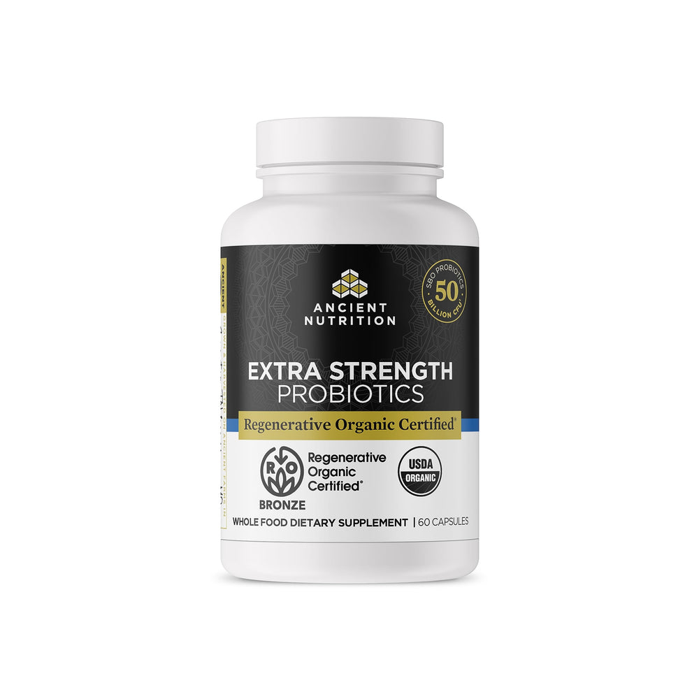 Ancient Nutrition regenerative probiotics bottle pour for easy daily use.