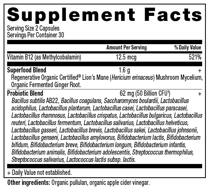 Ancient Nutrition regenerative probiotics label closeup displaying 50B CFUs.