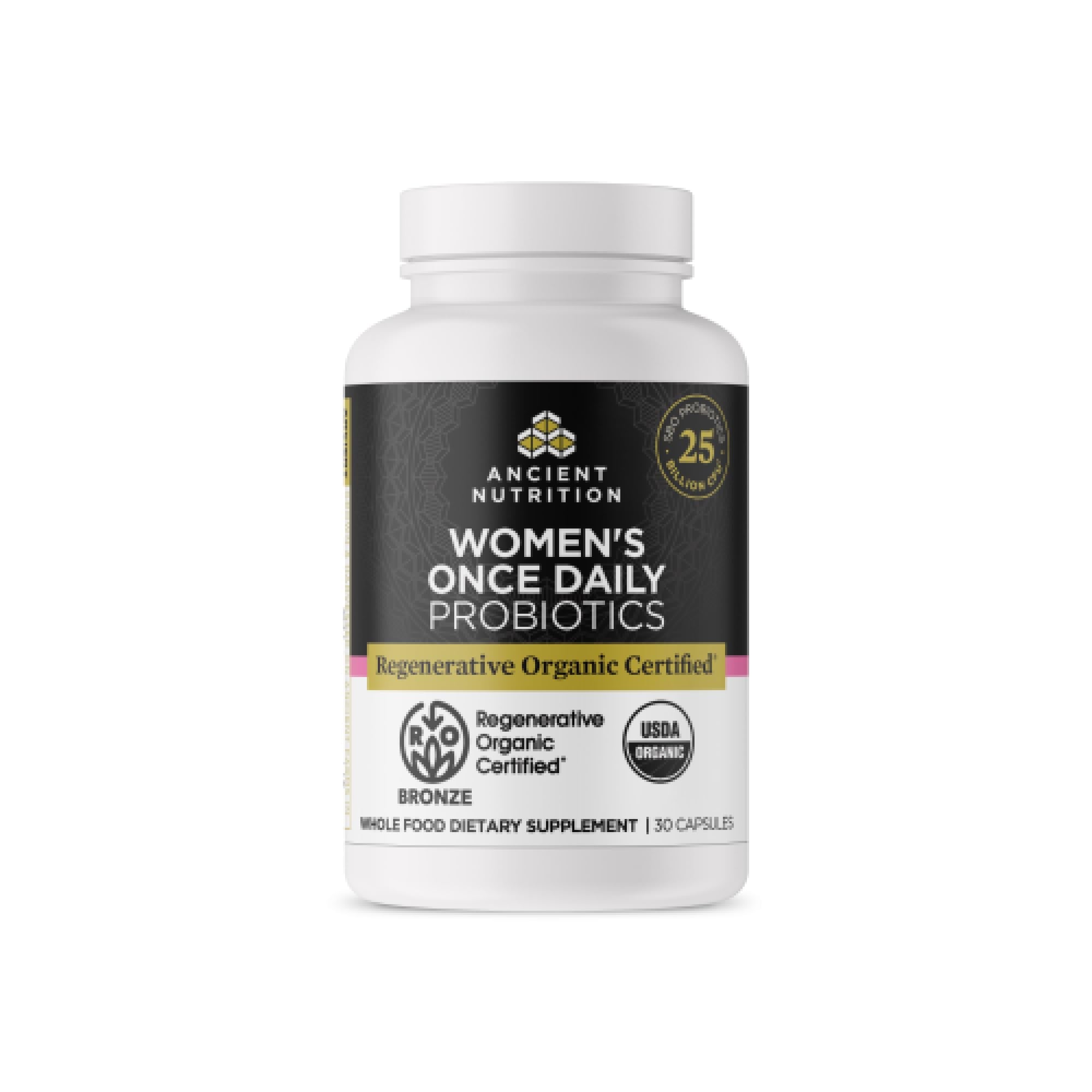 Ancient Nutrition Regenerative Women’s Probiotic bottle front for balanced digestion.
