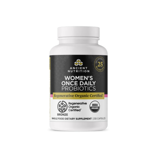 Ancient Nutrition Regenerative Women’s Probiotic bottle front for balanced digestion.