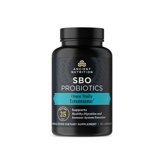 Ancient Nutrition SBO probiotic bottle supports daily digestion and immune wellness.