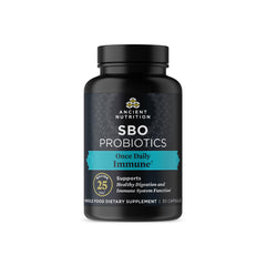 Ancient Nutrition SBO probiotic bottle supports daily digestion and immune wellness.