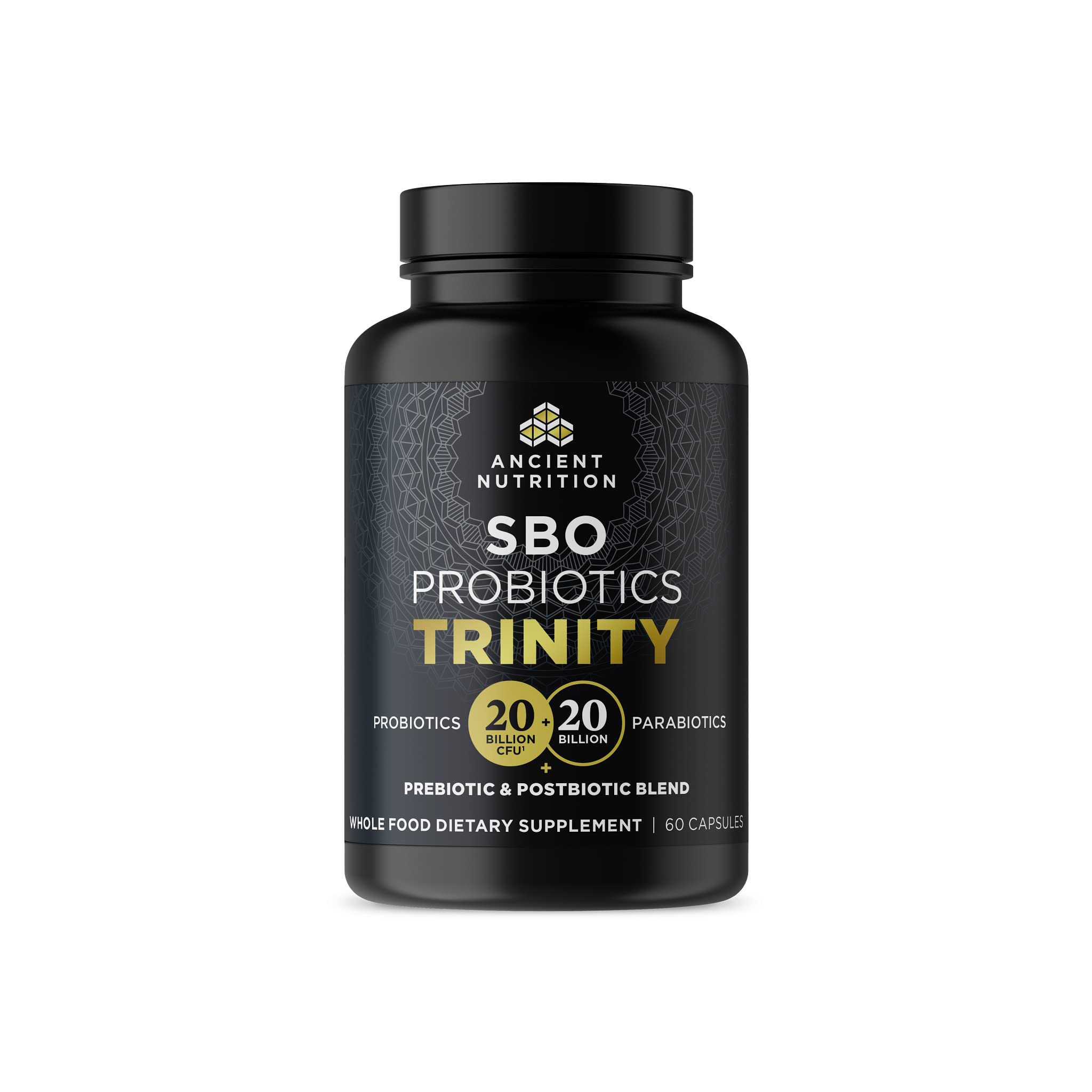 Ancient Nutrition SBO Probiotic Trinity bottle with 60 capsules for daily digestive support.