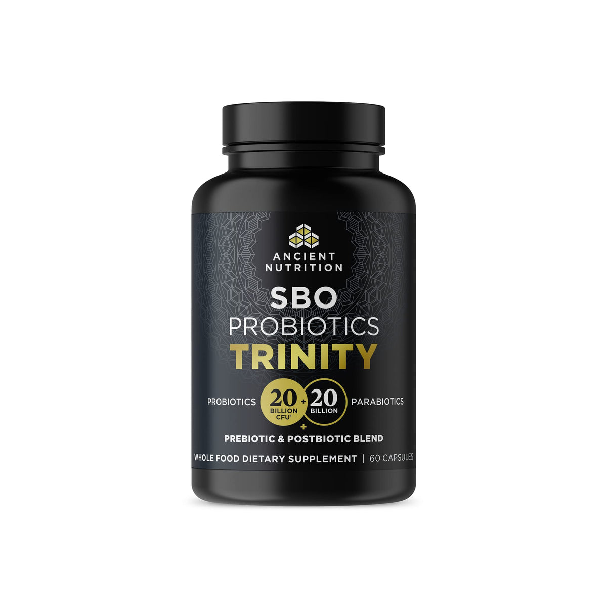 Ancient Nutrition SBO Probiotic Trinity bottle with 60 capsules for daily digestive support.