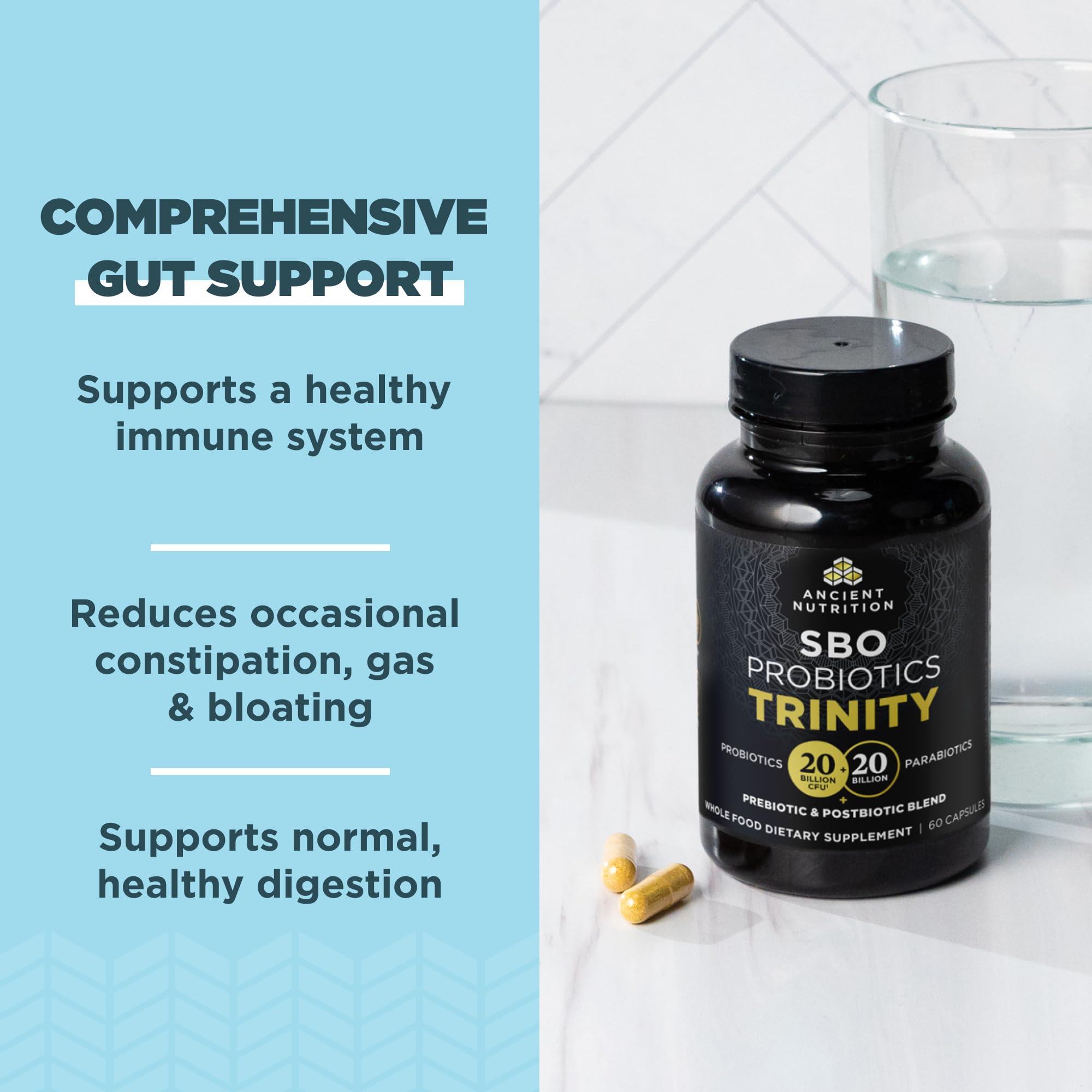 Ancient Nutrition SBO Probiotic Trinity ingredients show a 40B blend for digestive wellness.