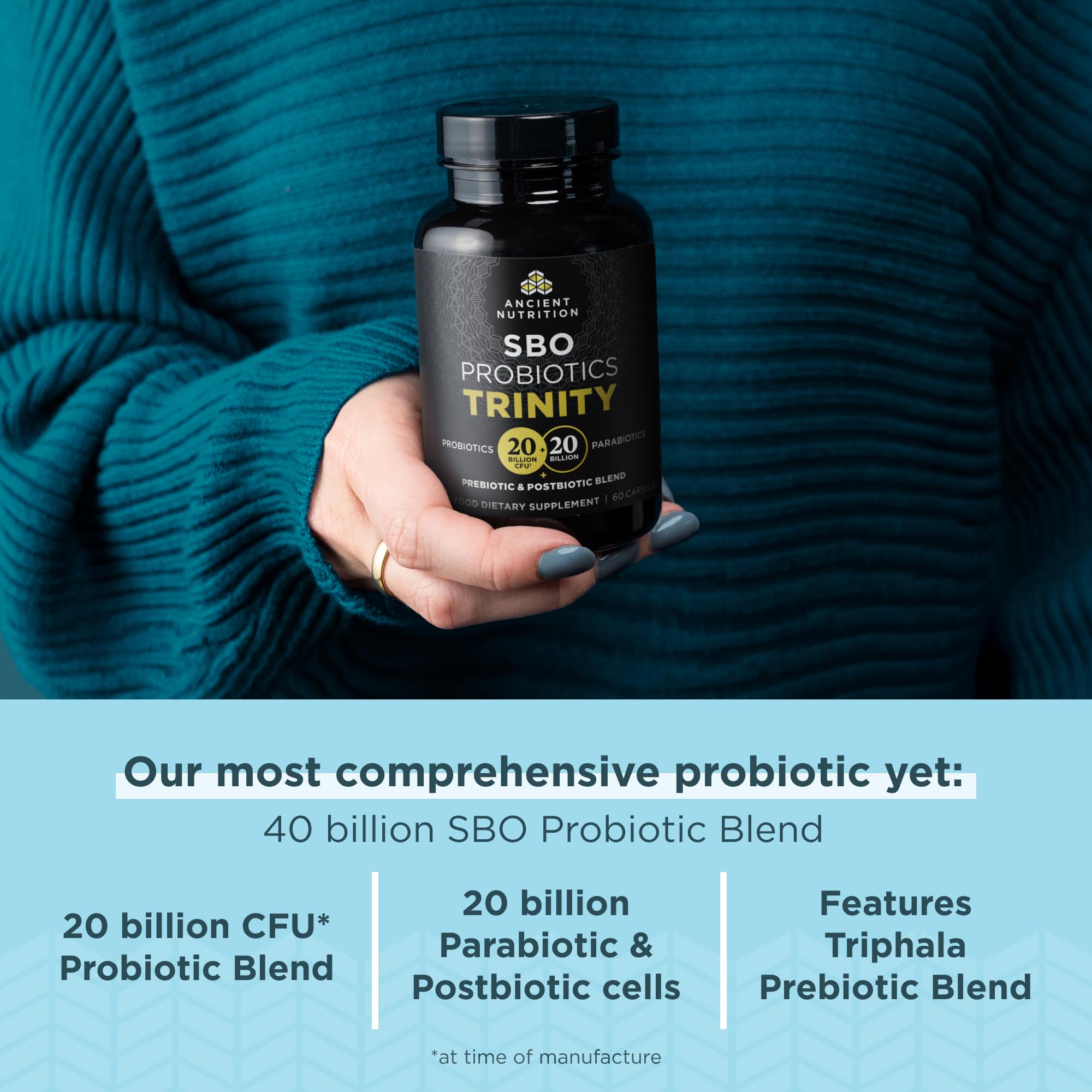 Ancient Nutrition SBO Probiotic Trinity label highlights Dr. Axe formulation for digestive wellness.