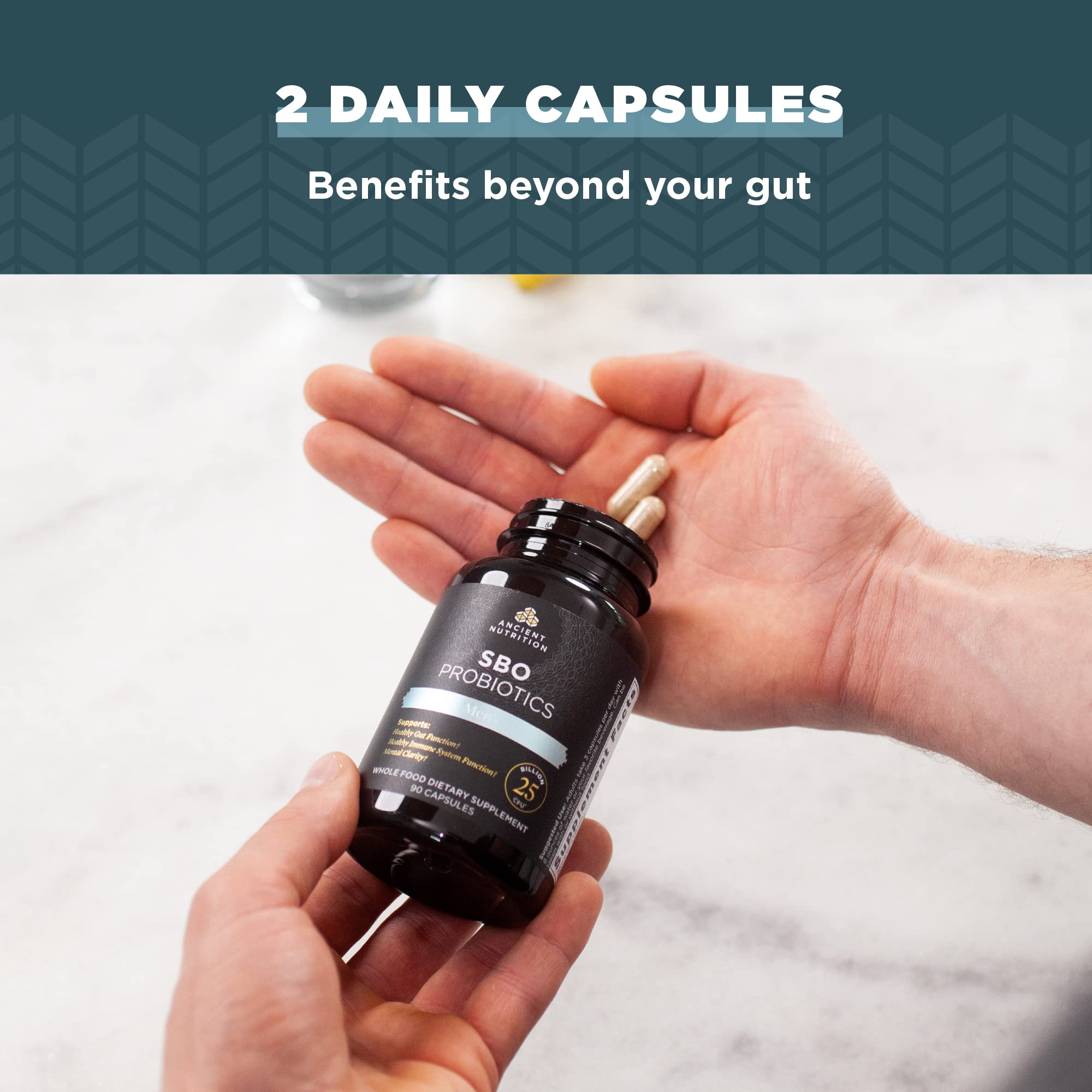 Ancient Nutrition SBO Probiotics for Men in use during daily routine