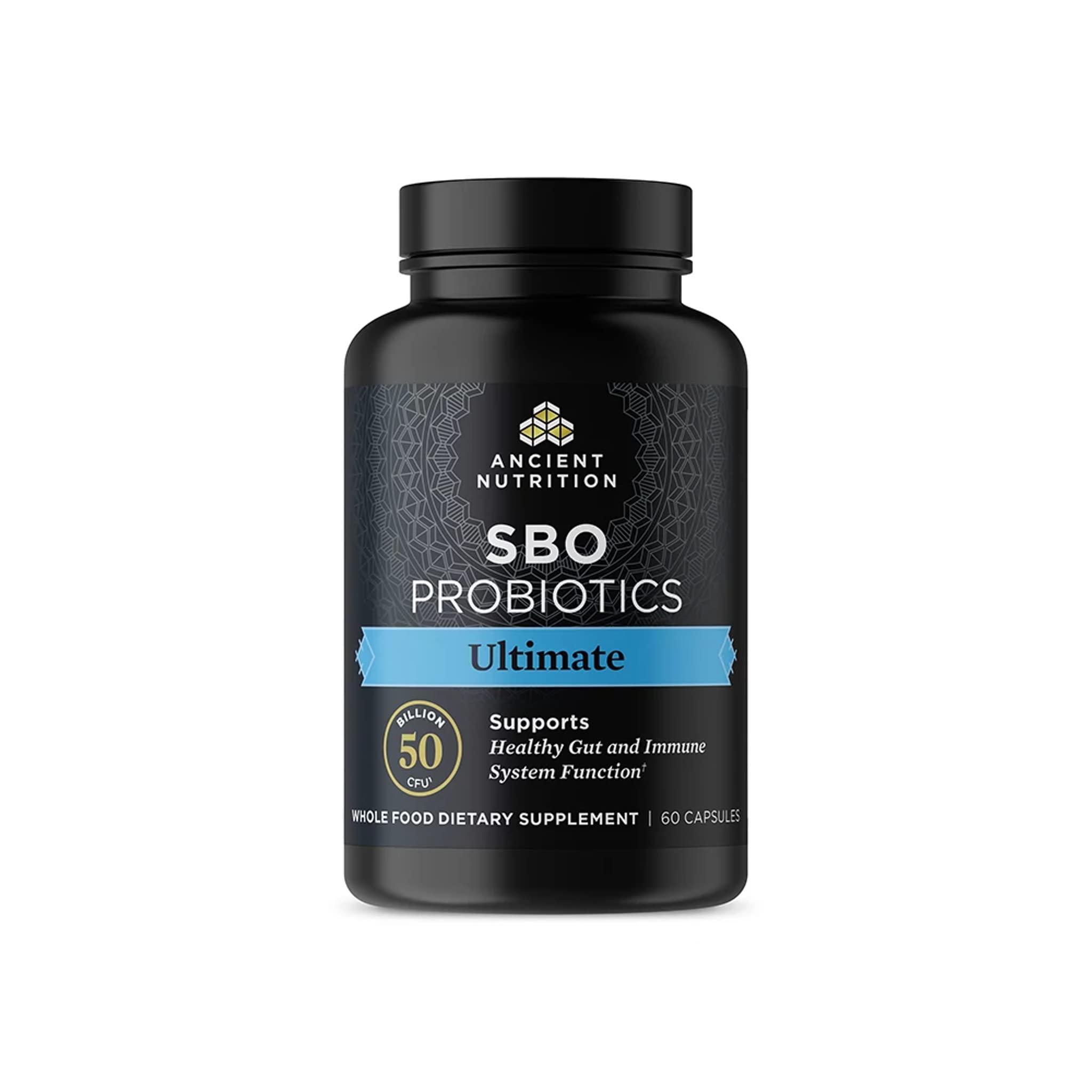 Ancient Nutrition SBO Probiotics Ultimate bottle showing 50 billion CFUs may support digestive balance
