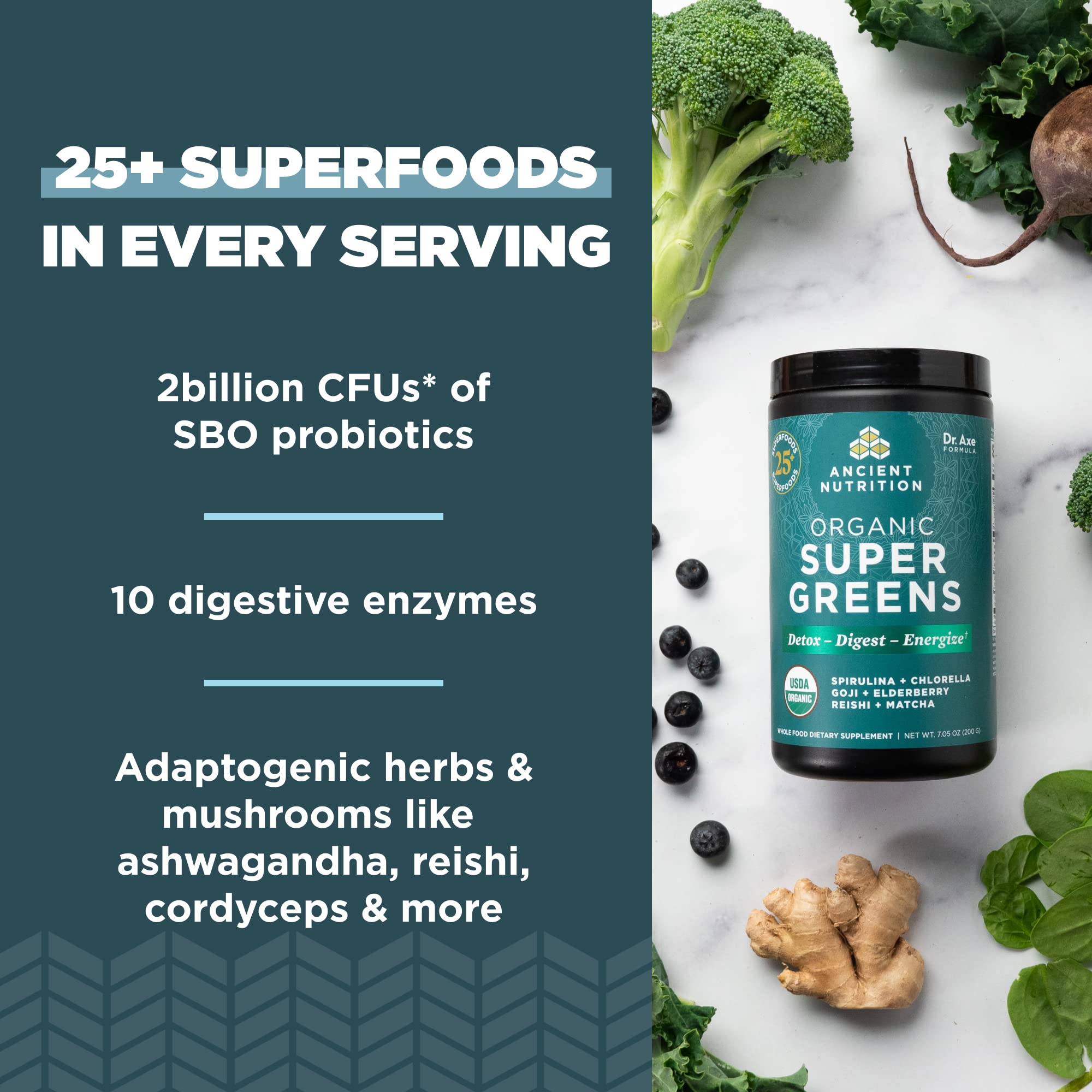 Ancient Nutrition Super Greens ingredients panel features spirulina and chlorella