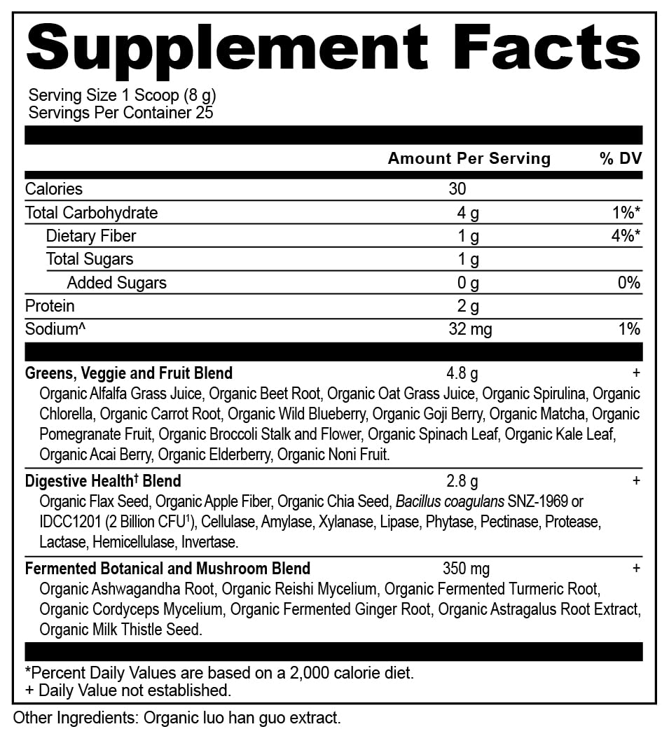 Ancient Nutrition Super Greens jar with spoon beside fresh fruit