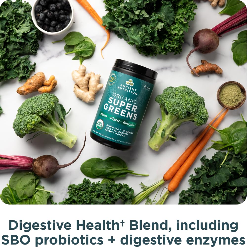 Ancient Nutrition Super Greens packaging displays organic and GMP-certified badge