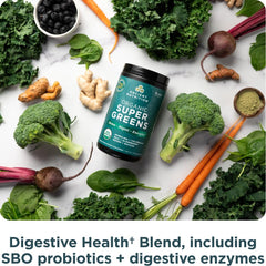 Ancient Nutrition Super Greens packaging displays organic and GMP-certified badge
