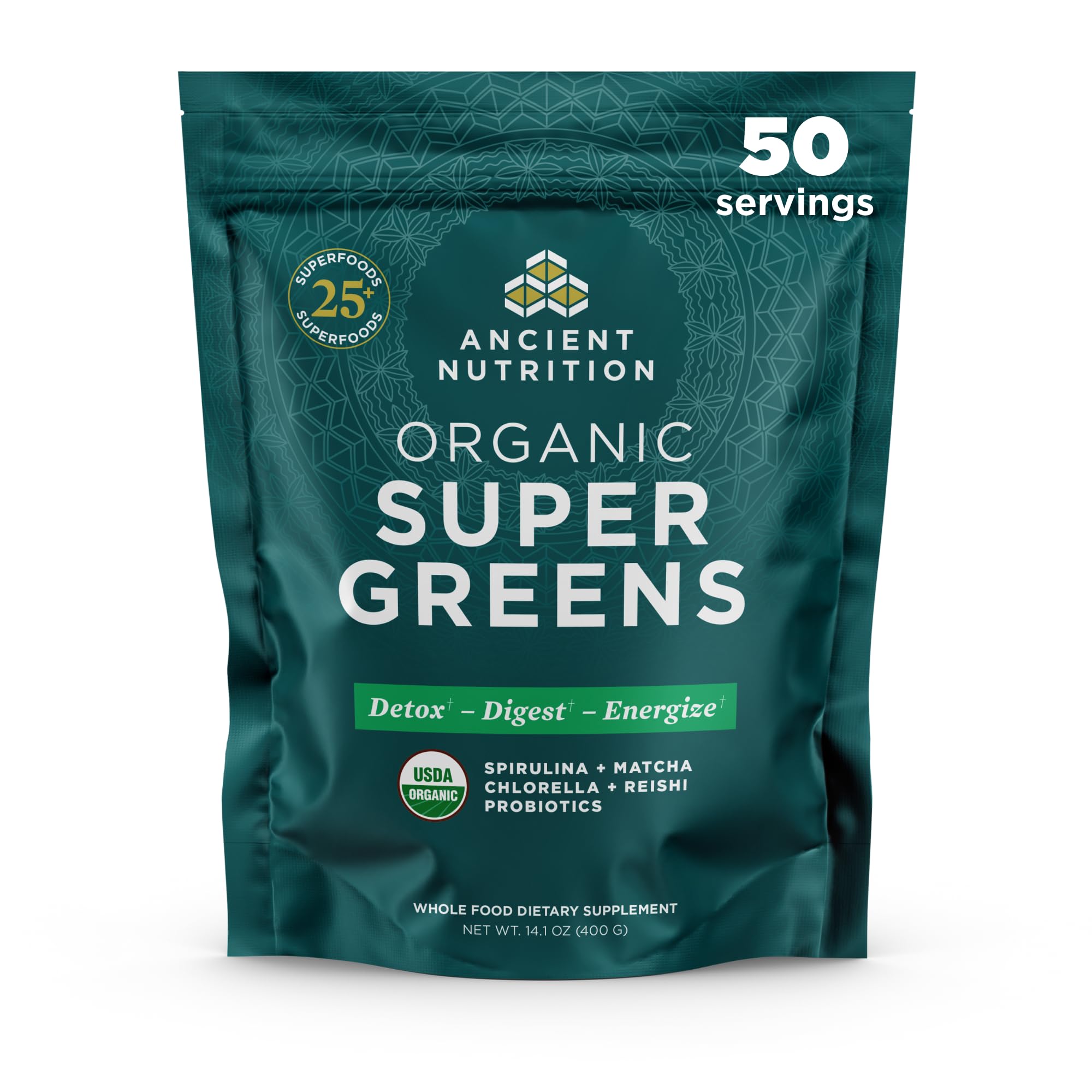 Ancient Nutrition Super Greens powder bottle front with vibrant greens for daily wellness and energy