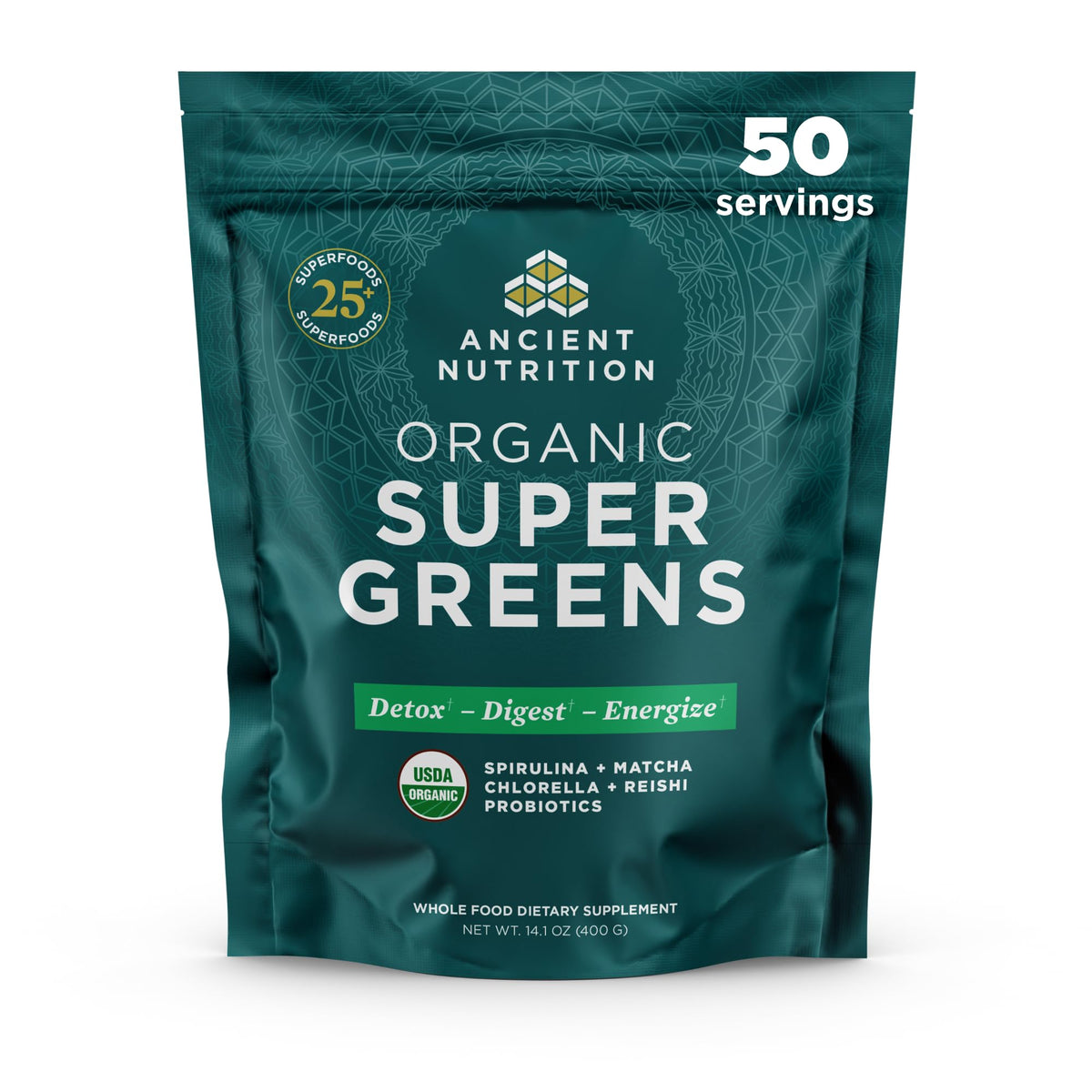 Ancient Nutrition Super Greens powder bottle front with vibrant greens for daily wellness and energy