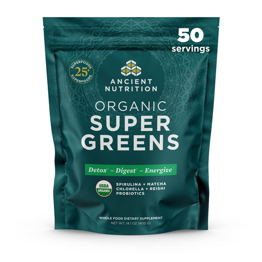 Ancient Nutrition Super Greens powder bottle front with vibrant greens for daily wellness and energy