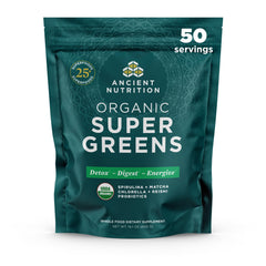 Ancient Nutrition Super Greens powder bottle front with vibrant greens for daily wellness and energy