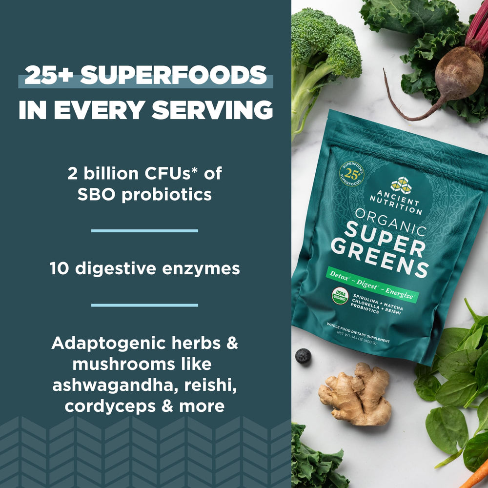 Opened Ancient Nutrition Super Greens jar with probiotic icon signaling digestive support