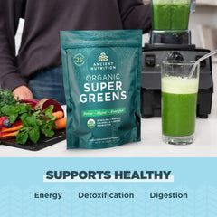 Close-up shot of spirulina and chlorella ingredients in Ancient Nutrition Super Greens blend