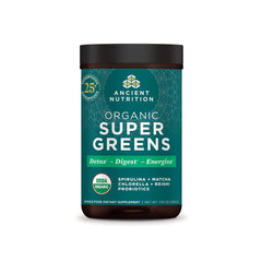 Ancient Nutrition Super Greens tub front shows organic formula for daily greens