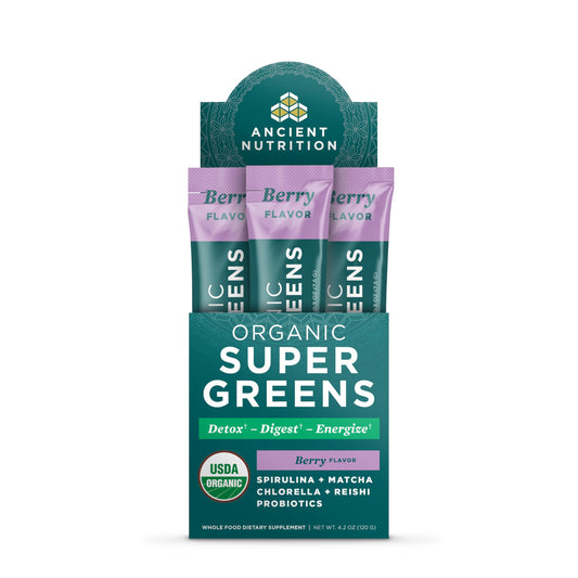 Ancient Nutrition SuperGreens bottle shows organic ingredients and energy support