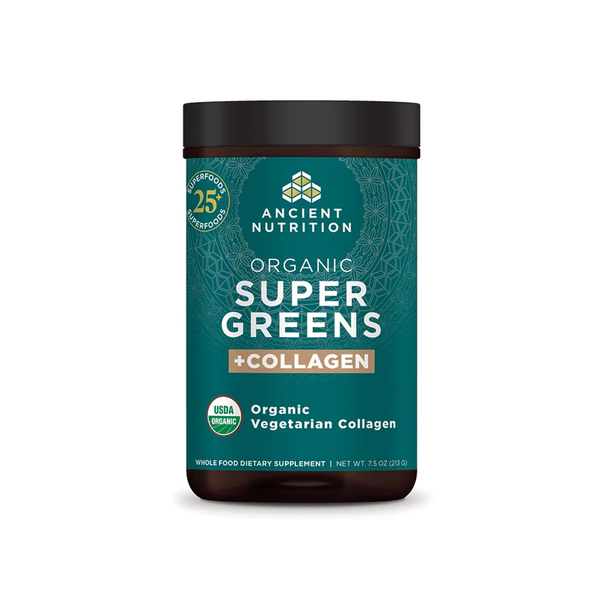 Ancient Nutrition Supergreens bottle shows organic formula for daily digestive support