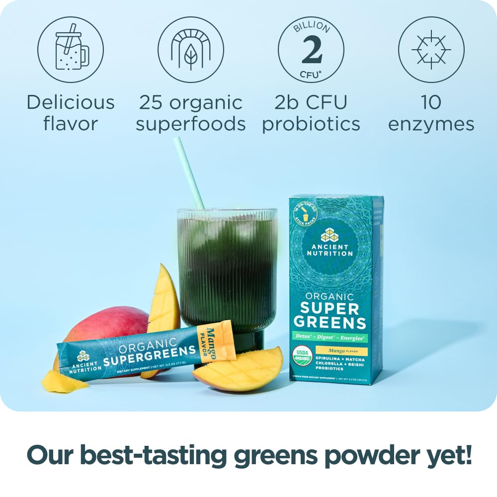 Ancient Nutrition SuperGreens close-up of organic fruits and greens