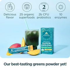 Ancient Nutrition SuperGreens close-up of organic fruits and greens