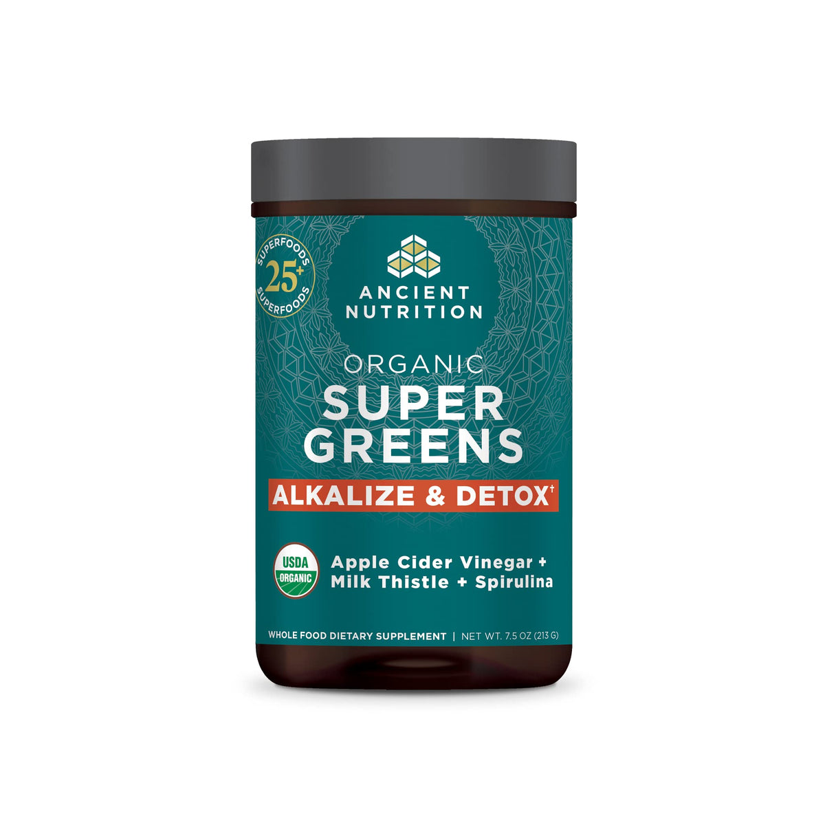 Ancient Nutrition Supergreens tub viewed, highlighting detox and alkalizing formula in a ready-to-use container.