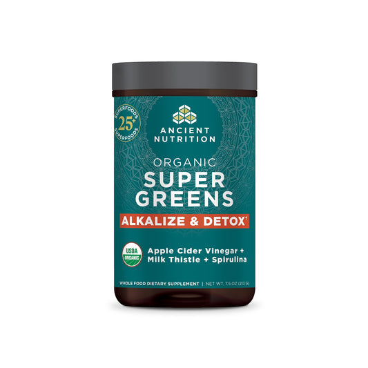 Ancient Nutrition Supergreens tub viewed, highlighting detox and alkalizing formula in a ready-to-use container.