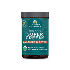 Ancient Nutrition Supergreens tub viewed, highlighting detox and alkalizing formula in a ready-to-use container.