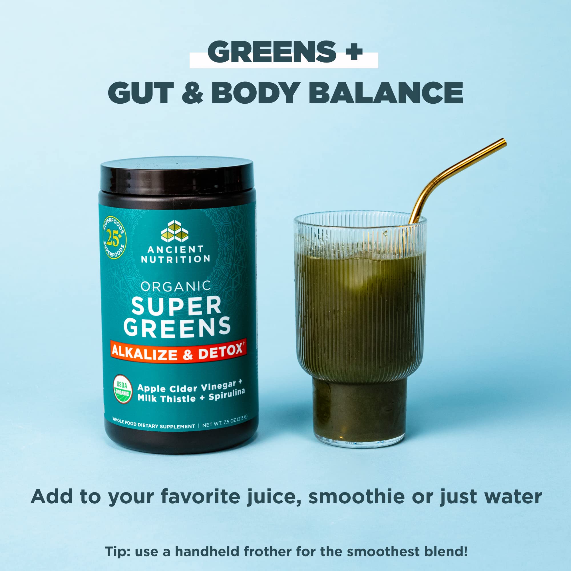 Powder dissolving in water with Ancient Nutrition Supergreens for refreshing hydration.
