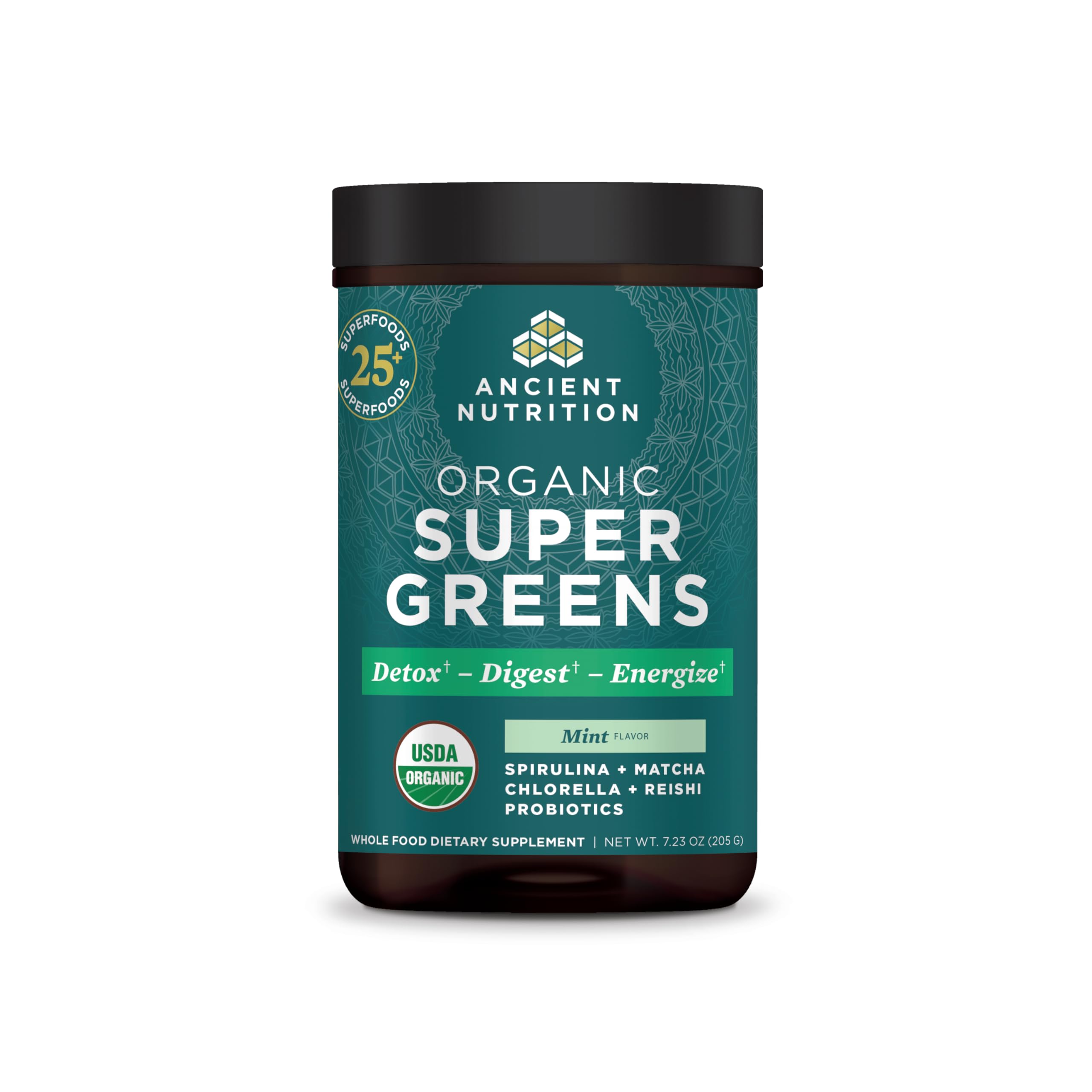 Ancient Nutrition SuperGreens front tub with peppermint flavor and probiotic blend for daily support.