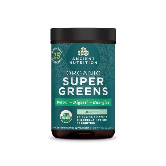 Ancient Nutrition SuperGreens front tub with peppermint flavor and probiotic blend for daily support.