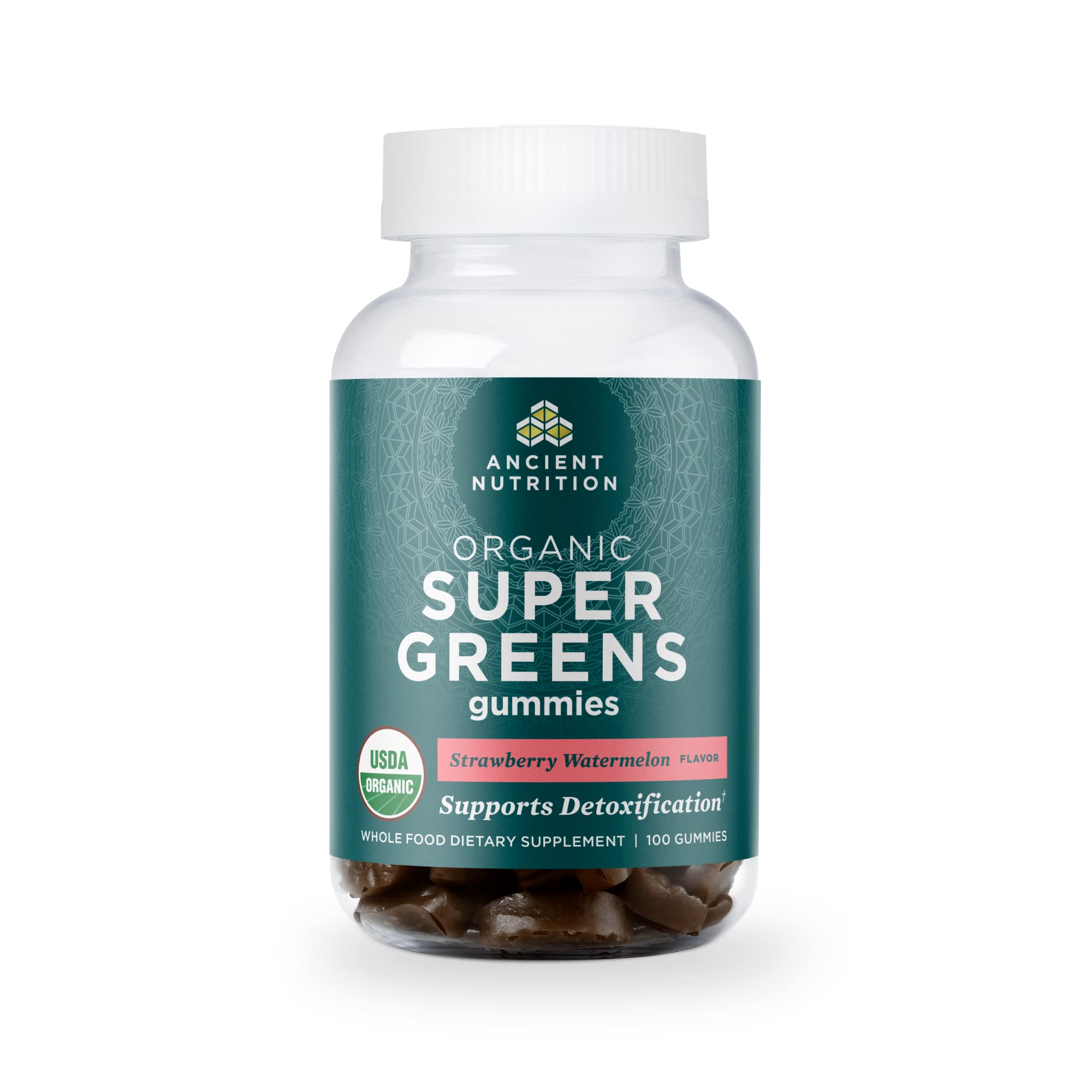 Ancient Nutrition Supergreens Gummies bottle front for easy daily greens support