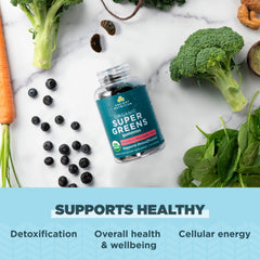 Ancient Nutrition Supergreens Gummies flavor label showcasing certified organic ingredients