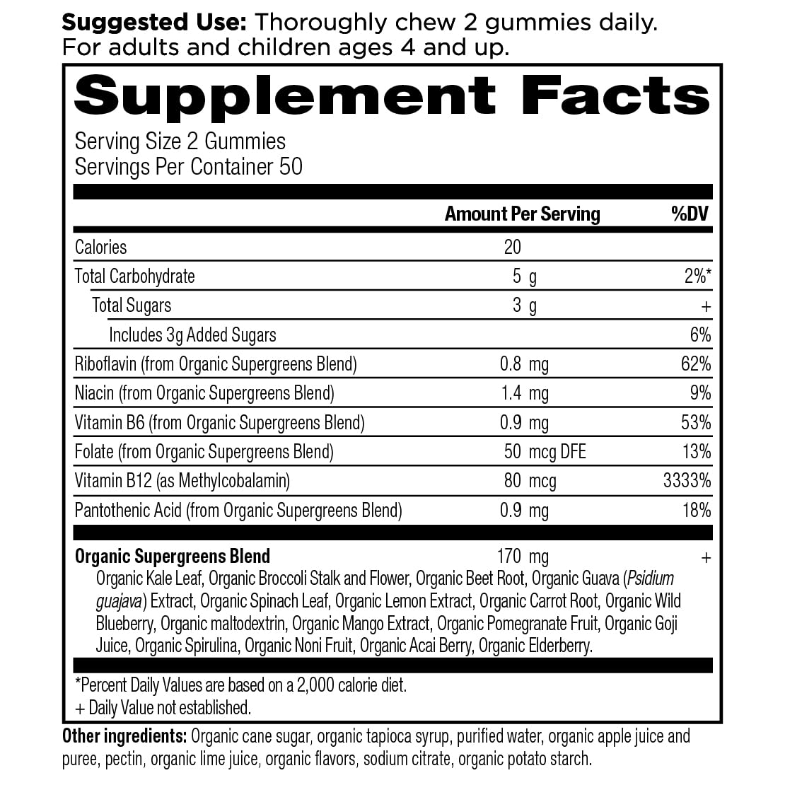 Ancient Nutrition Supergreens Gummies ingredients closeup highlighting organic superfoods