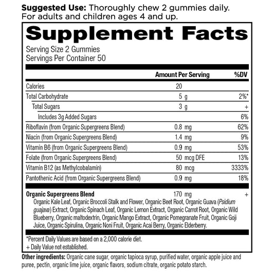Ancient Nutrition Supergreens Gummies ingredients closeup highlighting organic superfoods