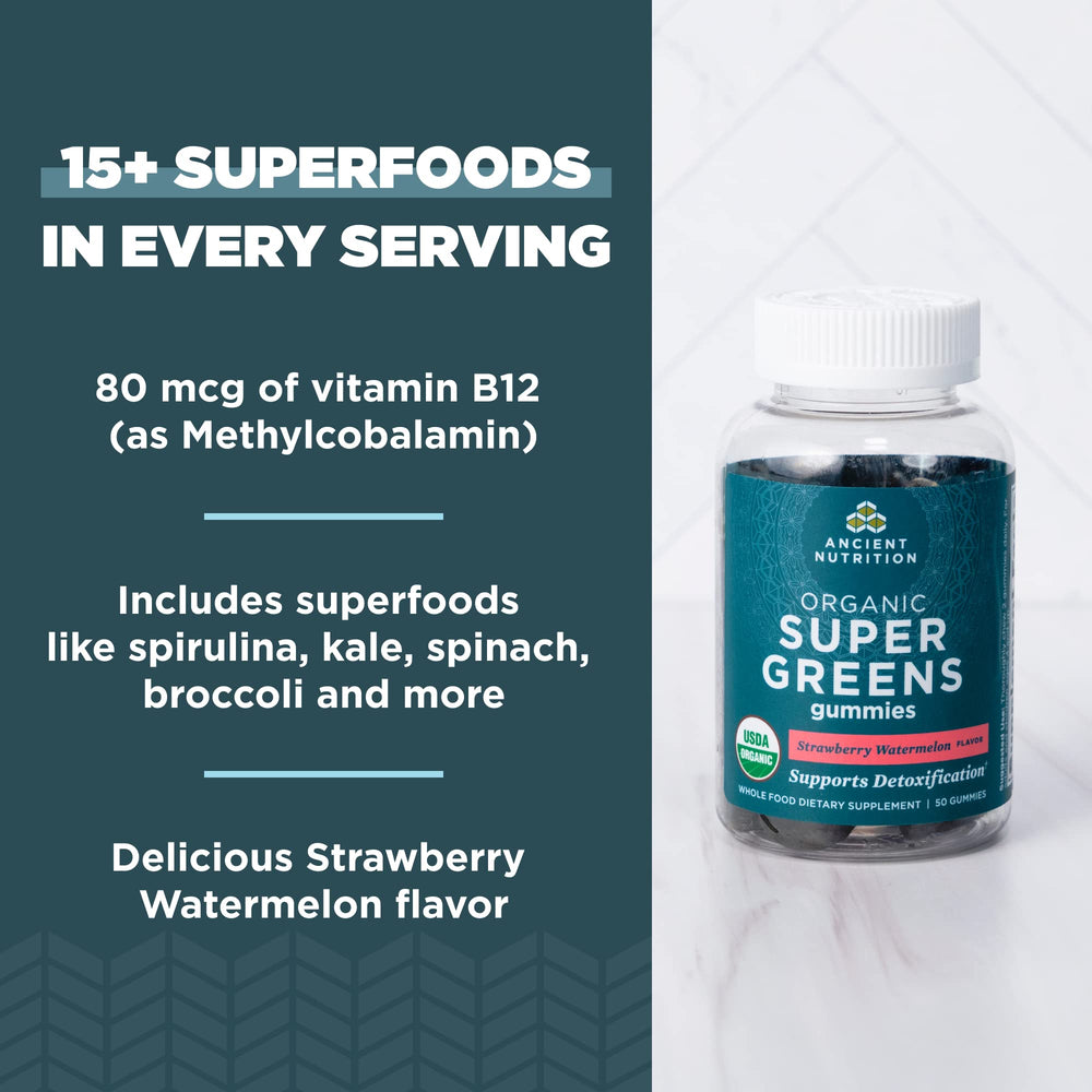 Ancient Nutrition Supergreens Gummies stacked gummies emphasizing tasty strawberry watermelon flavor