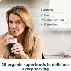 Ancient Nutrition SuperGreens close-up of ingredients with fruits and probiotics.