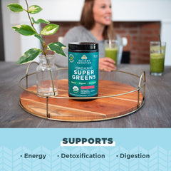 Ancient Nutrition SuperGreens ingredients panel showing greens and fruits.
