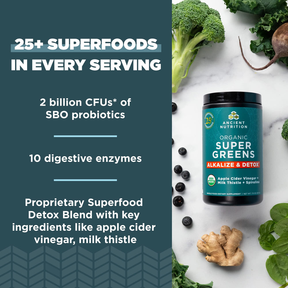 Ingredients: spirulina and alfalfa in Ancient Nutrition Supergreens for nutrient-dense detox.
