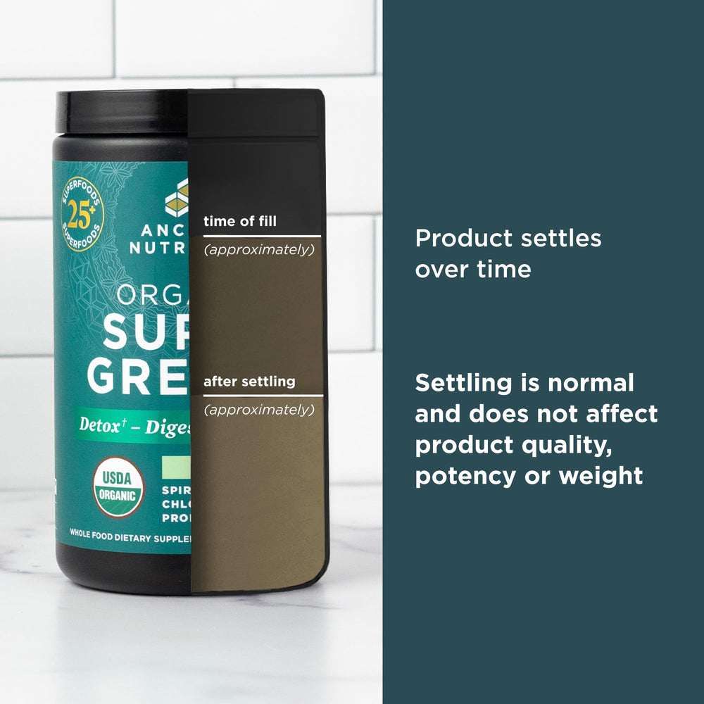 Ancient Nutrition SuperGreens organic fruits and vegetables on the label.