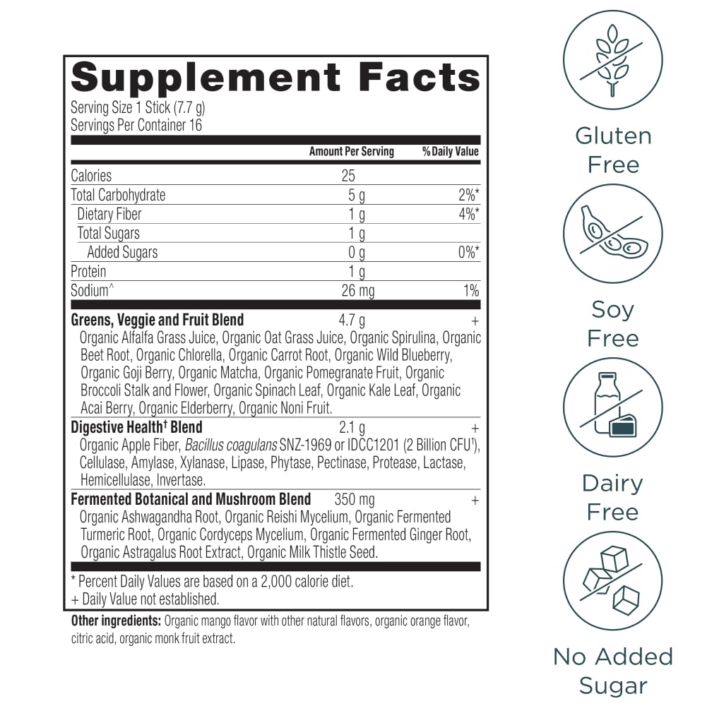 Ancient Nutrition SuperGreens mango flavor poured into a glass for a quick boost