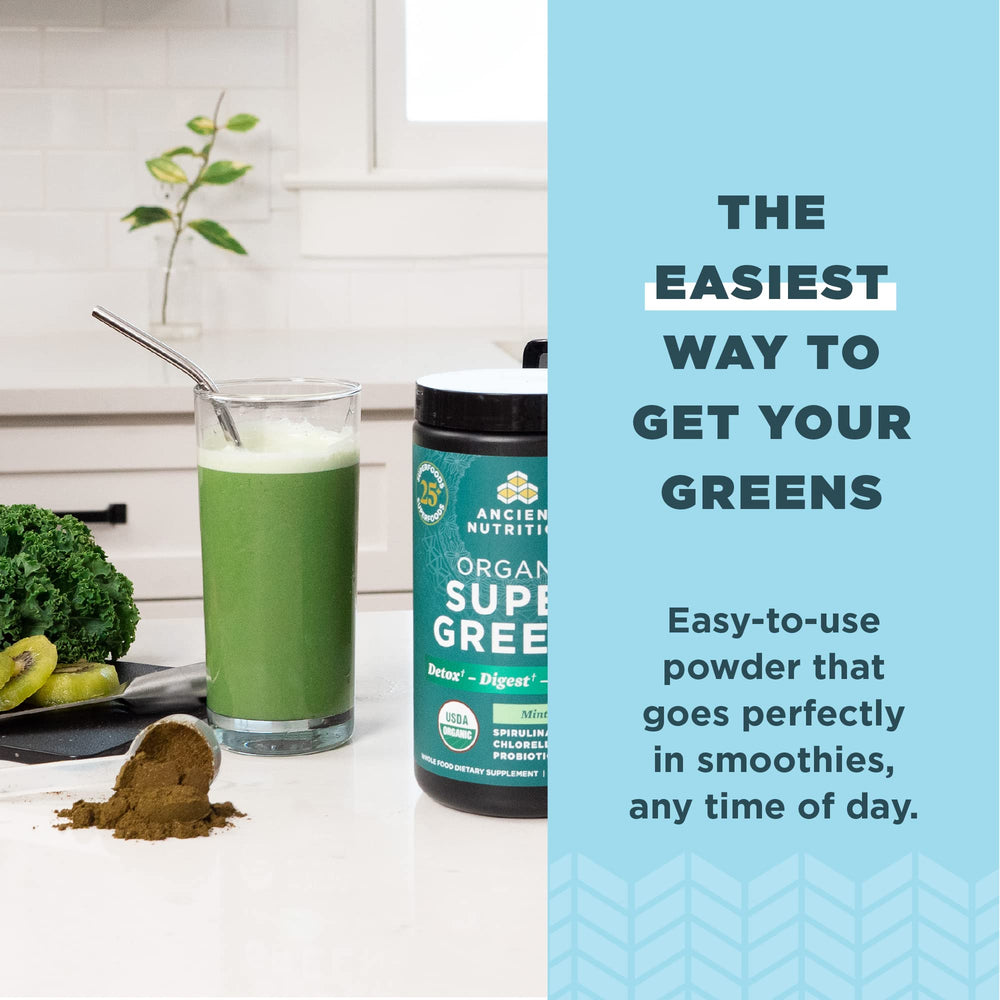 Ancient Nutrition SuperGreens glass with prepared drink for easy daily use.