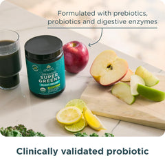 Ancient Nutrition SuperGreens organic ingredients close-up highlights the 25 superfoods.