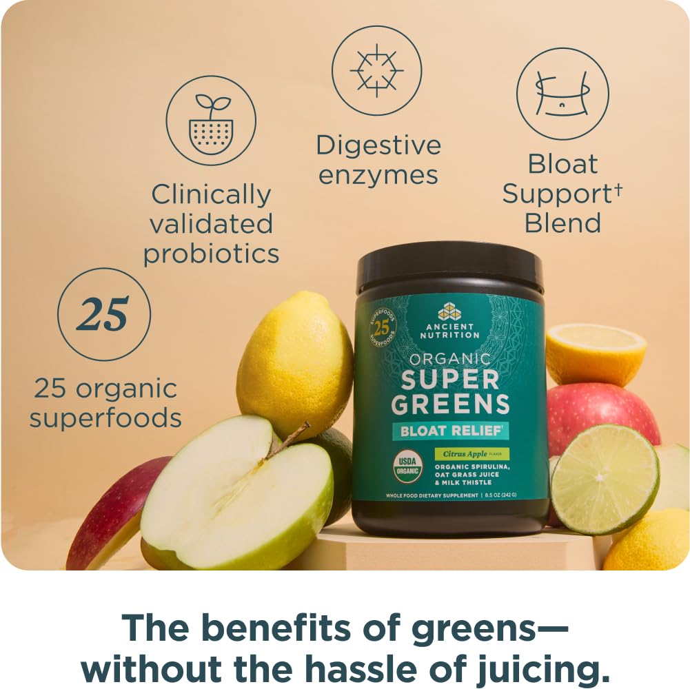 Ancient Nutrition SuperGreens powder closeup shows vibrant greens for nutritious daily boosts.
