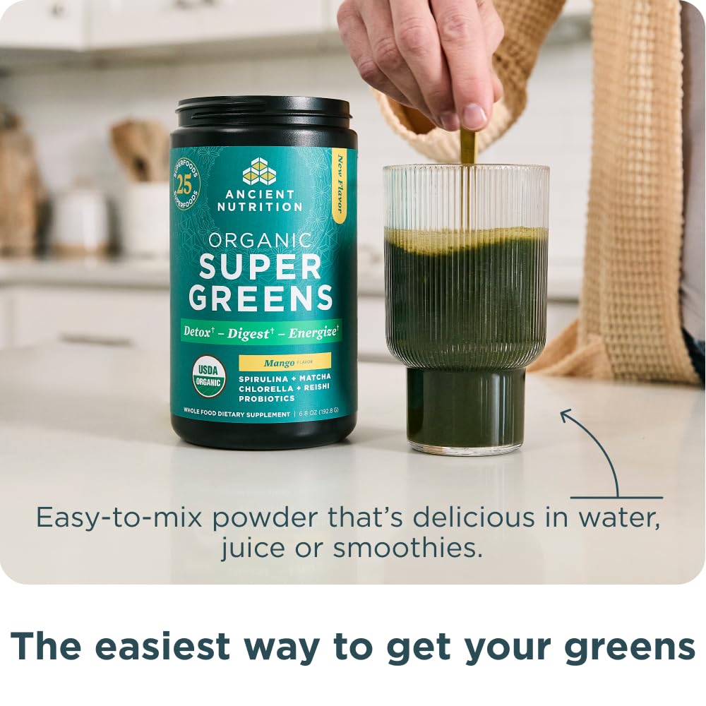 Ancient Nutrition SuperGreens powder dispensed into water for a quick greens boost.