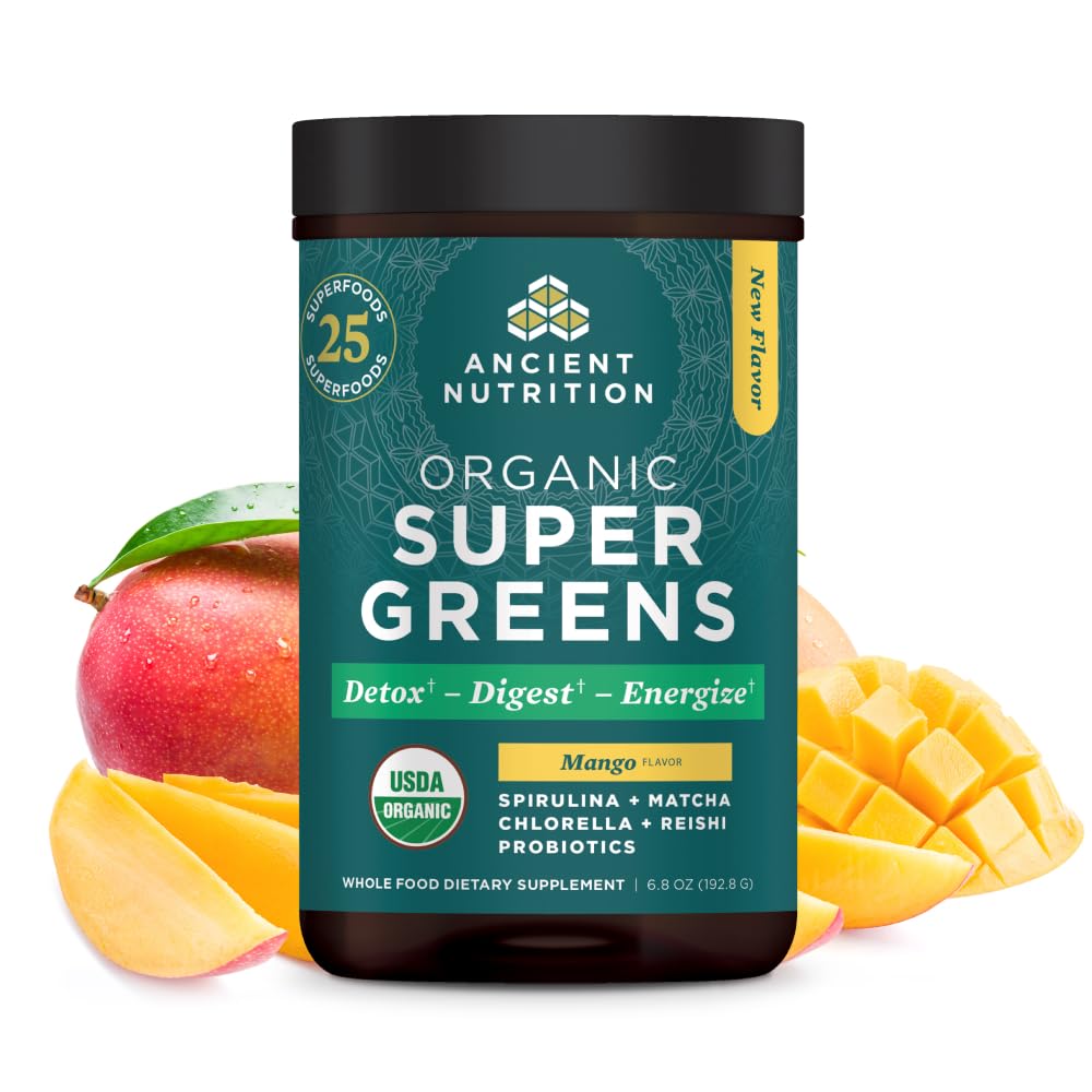 Ancient Nutrition SuperGreens front tub with organic ingredients for daily greens.